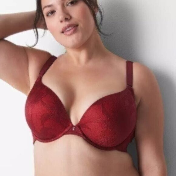 NWT Cacique Lane Bryant Backsmoothing Boost Plunge Satin Lace Bra - Rhubarb - Picture 1 of 1
